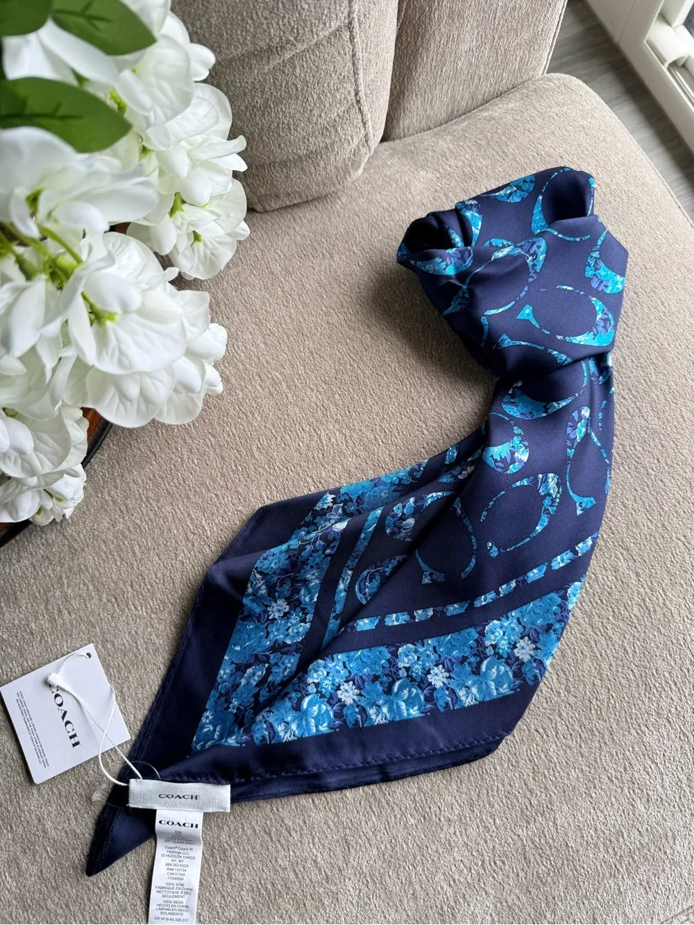 Coach Navy & Teal Floral 100% Silk Scarf NWT